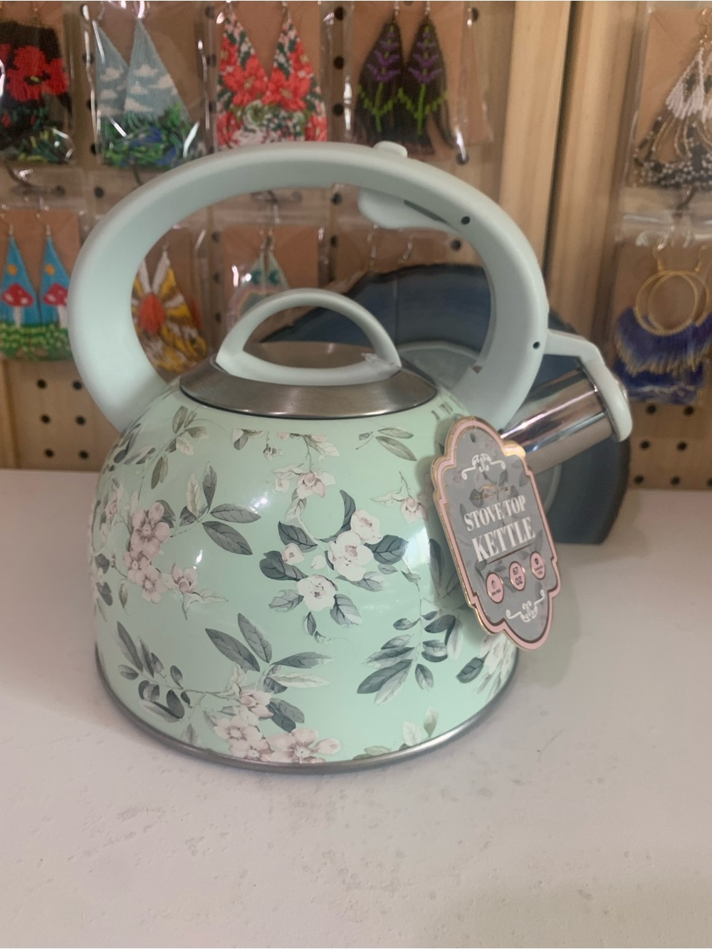 Floral Mint Green Whistling Tea Kettle
